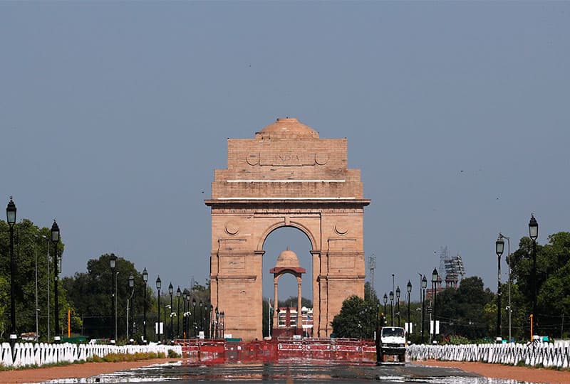 A clear view of the India Gate in New Delhi, India, with no smog present